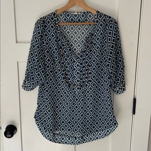 41 Hawthorn Blue and White Geometric Blouse